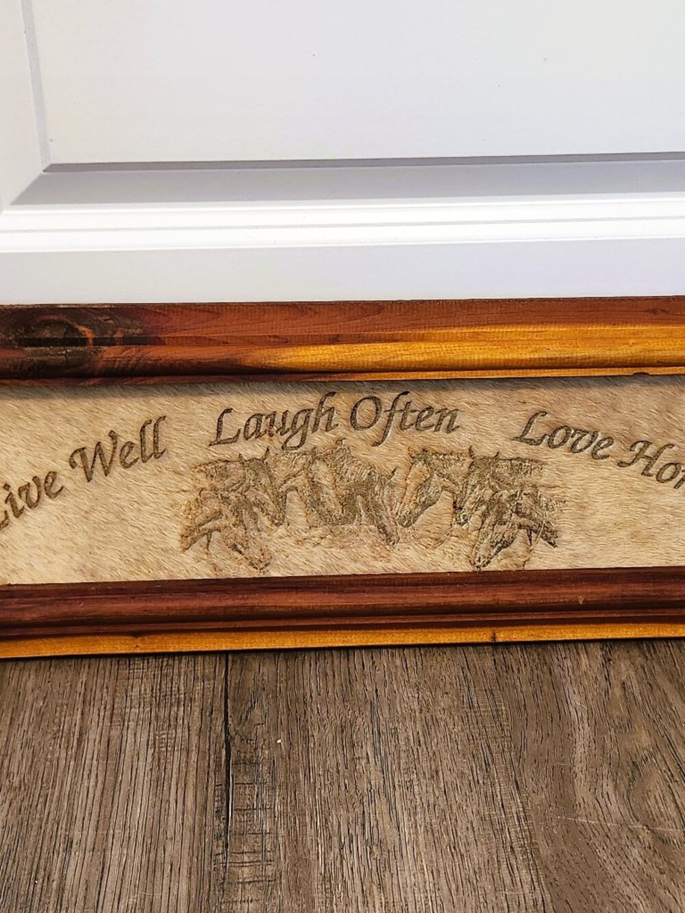 Live Well Laugh Often Love Horses Cowhide Western Wall Art Rustic 22" Sign